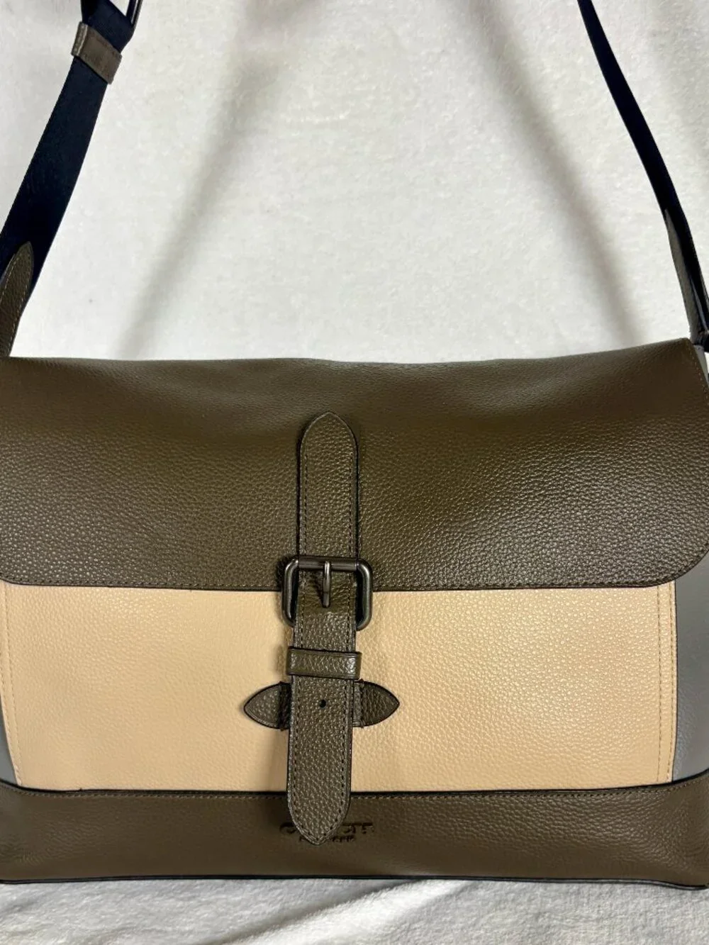Coach Hudson Messenger Bag Colorblock in Olive Green, Cream and Grey Leather